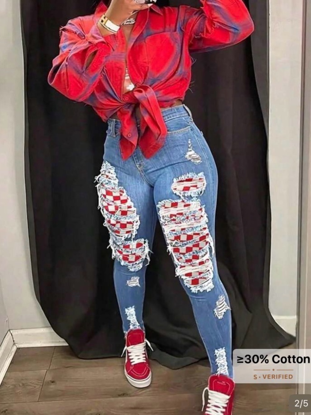 SHEIN Blue High-Rise Skinny Jeans with Red Checkerboard Insets